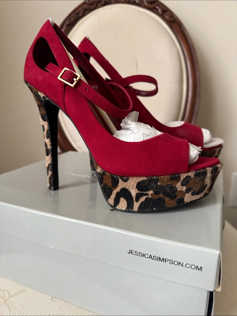 Jessica Simpson Ruby Red Suede Platform Peep-Toe Heels